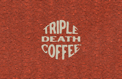Triple Death Coffee logo over red textured background
