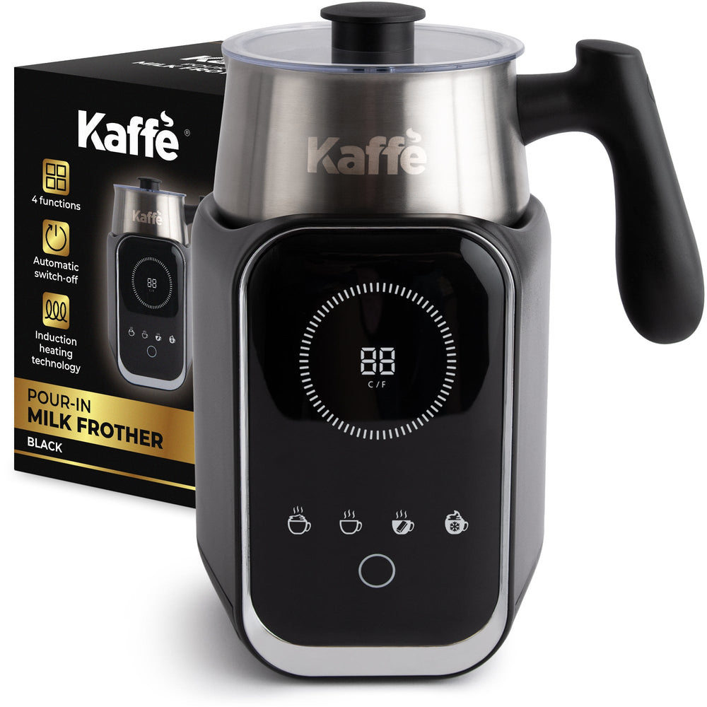 Kaffe milk frother with digital display and control panel, next to its packaging.