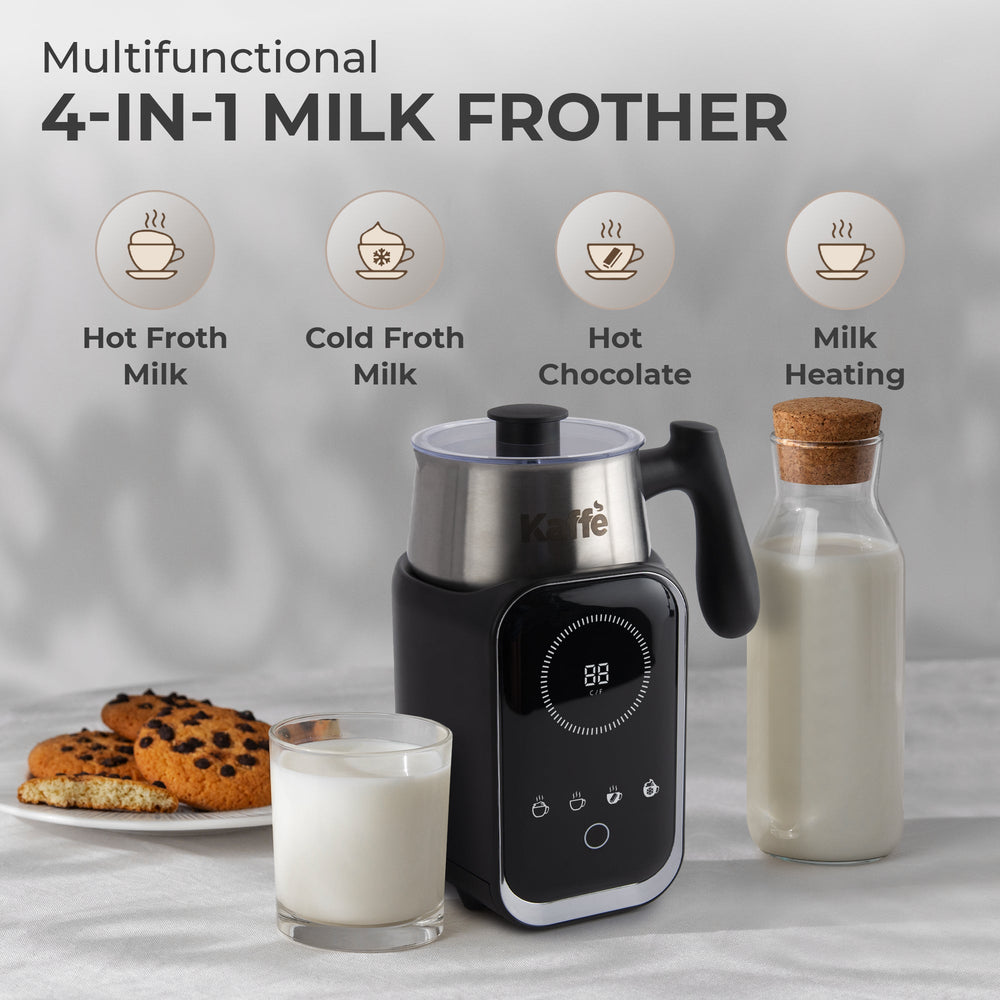 Multifunctional 4-in-1 milk frother with digital display, milk bottle, glass of milk, and cookies on a light gray background.