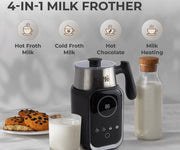 Multifunctional 4-in-1 milk frother with digital display, milk bottle, glass of milk, and cookies on a light gray background.