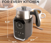 Kaffe milk frother on a wooden table with measurements and a cup of coffee.