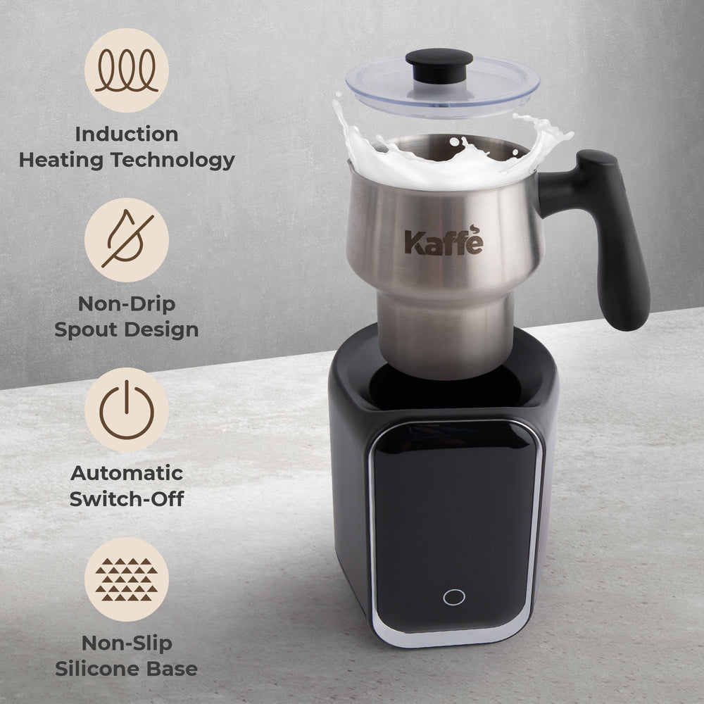 Kaffe coffee maker with features listed on a gray background