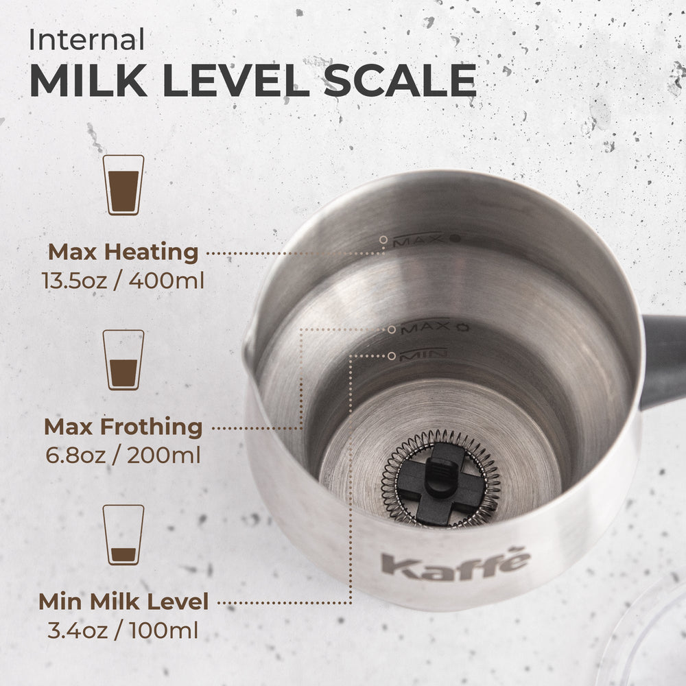 Kaffe milk frothing pitcher with internal milk level scale on a light gray background