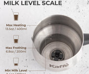 Kaffe milk frothing pitcher with internal milk level scale on a light gray background