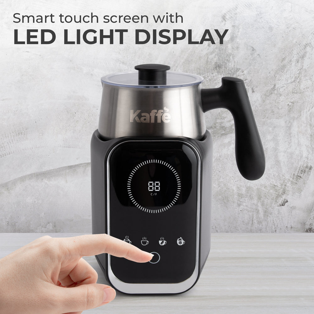 Kaffe milk frother with smart touch screen and LED light display on a gray background