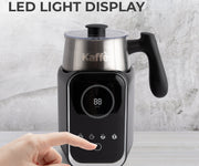 Kaffe milk frother with smart touch screen and LED light display on a gray background