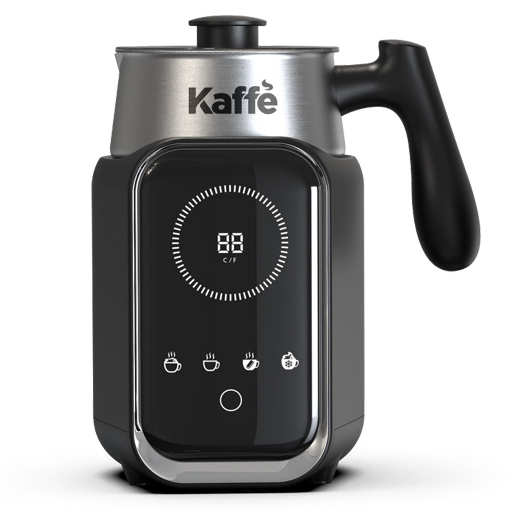 Kaffe milk frother with digital display on a white background