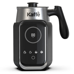 Kaffe milk frother with digital display on a white background