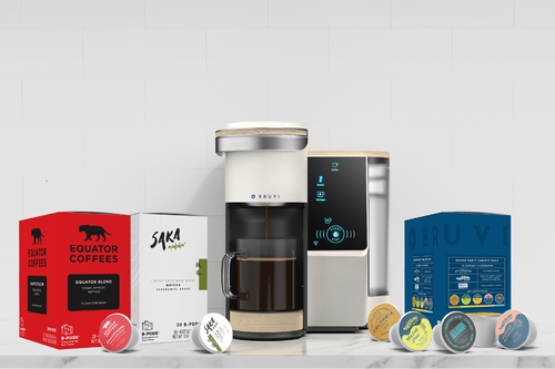 Coffee brewing equipment and coffee packaging on a white background